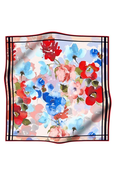 % 57 İPEK % 43 VİSKON Twill İpek Sulu Boyalı Çiçek Desenli Kırmızı - Bebe Mavisi Renkli 90x90 Eşarp Dikim Şekli : El Dikişi - Resim 2