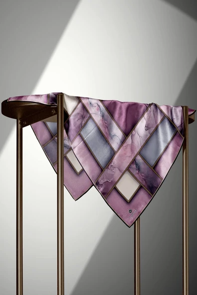 %100 Twill İpek Efektli Bant Desenli Lila - Gri Renkli 90x90 Eşarp Dikim Şekli : El Dikişi - Resim 3