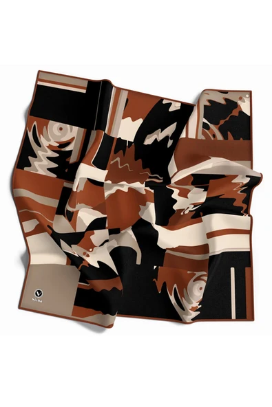 Kristal Boyalı Geometrik Desenli Taba Renkli 90x90 Eşarp (İpek İçermez) Kenar Dikiş Şekli El Dikişli ürün görseli