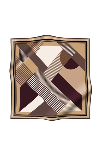 %100 Twill İpek Geometrik Desenli Gold - Kahverengi Renkli 90x90 Eşarp Dikim Şekli : El Dikişi - Resim 3