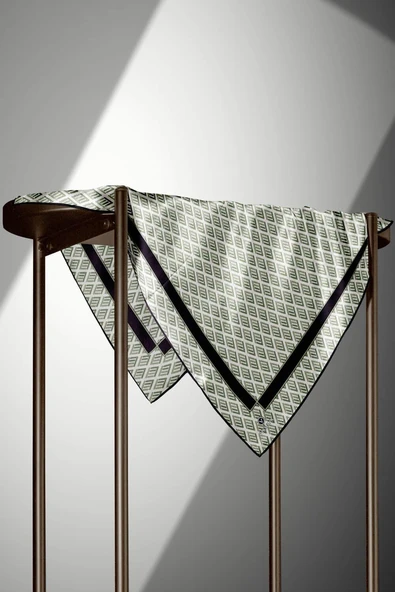 % 57 İPEK % 43 VİSKON Twill İpek Geometrik Desenli Krem - Çağla Renkli 90x90 Eşarp Dikim Şekli : El Dikişi - Resim 3