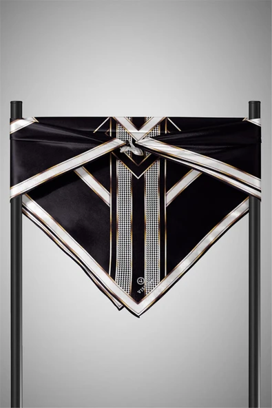 %100 Twill İpek Kareli Kazayaklı Desenli Siyah - Krem Renkli 90x90 Eşarp Kenar Dikiş Şekli El Dikişli - Resim 4