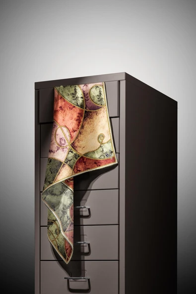 % 57 İPEK % 43 VİSKON Twill İpek Zincirli Mermer Desenli Haki - Bakır Renkli 90x90 Eşarp Dikim Şekli : El Dikişi - Resim 6