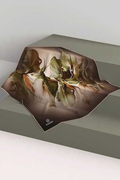 %100 Twill İpek Batik Çiçek Desenli Haki Yeşili - Taba Renkli 90x90 Eşarp Dikim Şekli : El Dikişi - Resim 6