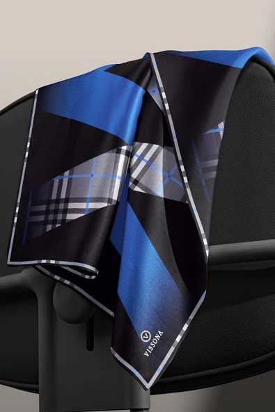 % 57 İPEK % 43 VİSKON Twill İpek Ekose Desenli Saks - Siyah Renkli 90x90 Eşarp Dikim Şekli : El Dikişi - Resim 4