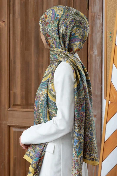 100% İpek Etro Desenli Gold - Mor Renkli 92x210 Şal ürün görseli