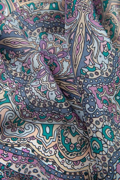 100% İpek Etnik Desenli Pudra - Gül Kurusu Renkli 92x210 Şal - Resim 3