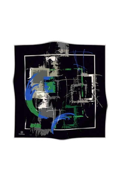 % 57 İPEK % 43 VİSKON Twill İpek Geometrik Desenli Saks - Zümrüt Yeşili Renkli 90x90 Eşarp Dikim Şekli : El Dikişi - Resim 2