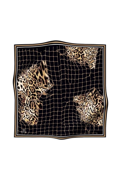 %100 Twill İpek Leopar Desenli Siyah - Bej Renkli 90x90 Eşarp Dikim Şekli : El Dikişi - Resim 2