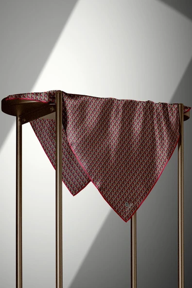 %100 Twill İpek Çizgi Desenli Siyah - Bordo Renkli 90x90 Eşarp Dikim Şekli : El Dikişi - Resim 4