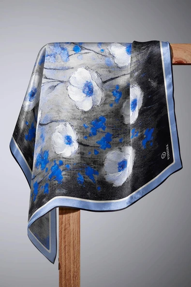 %100 Twill İpek Yağlı Boya Çiçek Desenli İndigo Renkli 90x90 Eşarp Dikim Şekli : El Dikişi - Resim 6