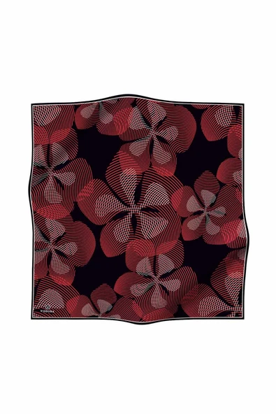 %100 Twill İpek Çizgili Çiçek Desenli Siyah - Bordo Renkli 90x90 Eşarp Dikim Şekli : El Dikişi - Resim 2