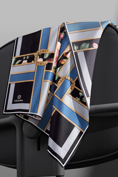 %100 Twill İpek Şeritleri Kemerli Ve Çiçek Desenli İndigo - Gri Renkli 90x90 Eşarp Dikim Şekli : El Dikişi - Resim 4