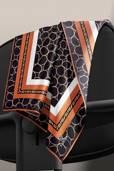 %100 Twill İpek Zincir Desenli Siyah - Taba Renkli 90x90 Eşarp Kenar Dikiş Şekli El Dikişli - Resim 6