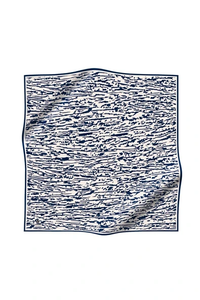 %100 Twill İpek Çizgi Desenli Krem - Lacivert Renkli 90x90 Eşarp Dikim Şekli : El Dikişi - Resim 2