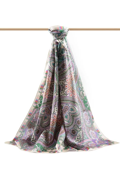 100% İpek Etro Desenli Taş Renkli 92x210 Şal - Resim 2