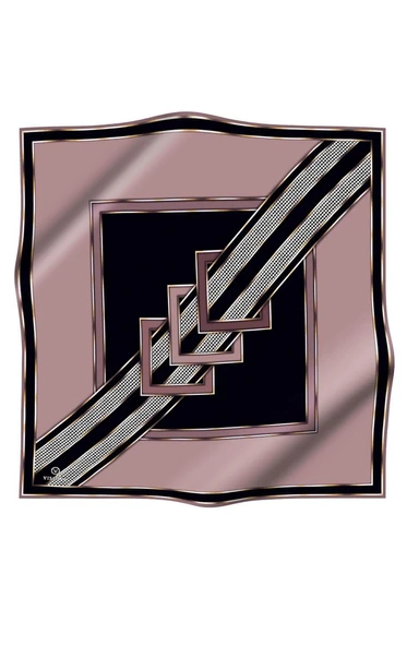 %100 Twill İpek Kareli Kazayaklı Desenli Gül Kurusu - Siyah Renkli 90x90 Eşarp Kenar Dikiş Şekli El Dikişli - Resim 2