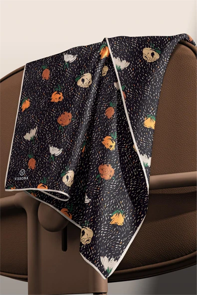 %100 Twill İpek Çıtır Çiçek Desenli Siyah - Taba Renkli 90x90 Eşarp Dikim Şekli : El Dikişi - Resim 3