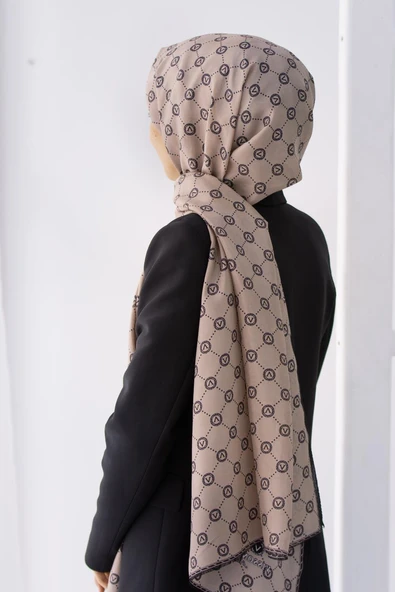 % 100 İpek V Logo Desenli Siyah - Vizon Renkli 90x210 Şal ürün görseli