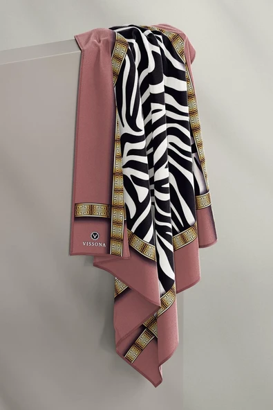 %100 Twill İpek Zebra Desenli Pudra - Gold Renkli 90x90 Eşarp Dikim Şekli : El Dikişi - Resim 4