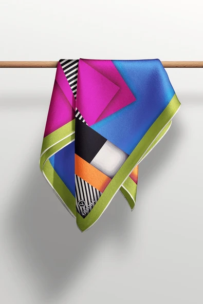 %100 Twill Renk Bloklu Çizgili Desenli Fuşya - Saks Renkli 90x90 Eşarp Dikim Şekli: El Dikişii - Resim 4