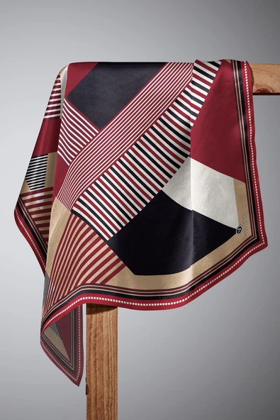 %100 Twill İpek Geometrik Desenli Bordo Renkli 90x90 Eşarp Dikim Şekli : El Dikişi - Resim 6