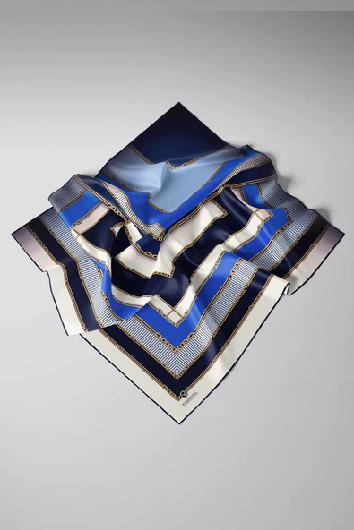 %100 Twill İpek Zincir Detaylı Geometrik Desenli Saks - Lacivert Renkli 90x90 Eşarp Dikim Şekli : El Dikişi - Resim 3