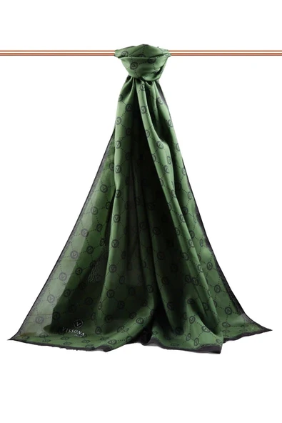 % 100 İpek V Logo Desenli Zümrüt Yeşili Renkli 90x210 Şal - Resim 4