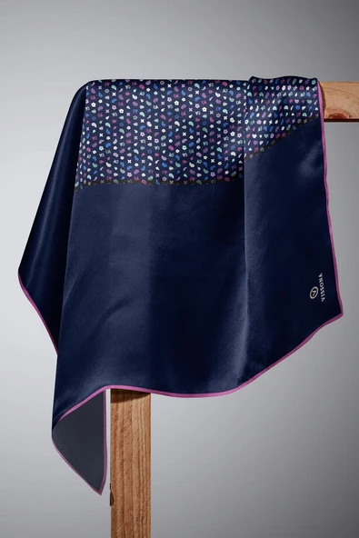 %100 Twill İpek Çıtır Şerit Desenli Lacivert - Fuşya Renkli 90x90 Eşarp Dikim Şekli : El Dikişi - Resim 6
