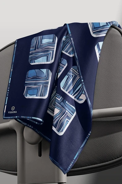 %100 Twill İpek Geometrik Kare Desenli İndigo - Lacivert Renkli 90x90 Eşarp Dikim Şekli : El Dikişi - Resim 6