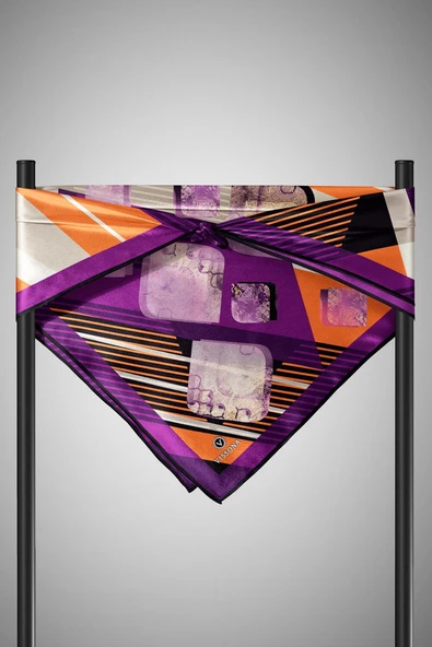 %100 Twill İpek Geometrik Desenli Mürdüm - Turuncu Renkli 90x90 Eşarp Dikim Şekli : El Dikişi - Resim 4