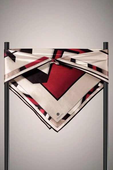 %100 Twill İpek Geometrik Desenli Bordo - Vizon Renkli 90x90 Eşarp Dikim Şekli : El Dikişi - Resim 5