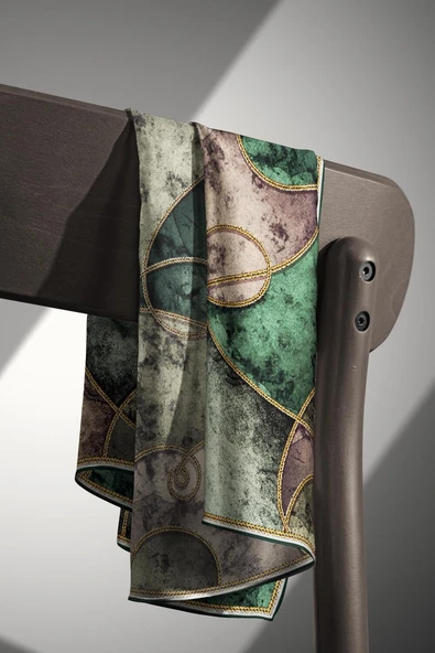 %100 Twill İpek Zincirli Mermer Desenli Zümrüt Yeşili - Haki Renkli 90x90 Eşarp Dikim Şekli : El Dikişi - Resim 4
