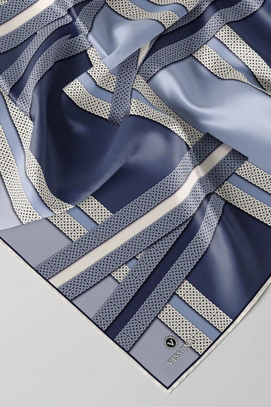 %100 Twill İpek Geometrik Desenli İndigo - Krem Renkli 90x90 Eşarp Dikim Şekli : El Dikişi - Resim 6