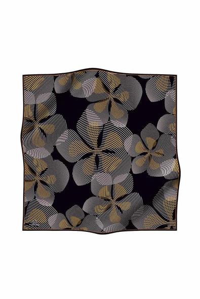 %100 Twill İpek Çizgili Çiçek Desenli Taba - Siyah Renkli 90x90 Eşarp Dikim Şekli : El Dikişi - Resim 2