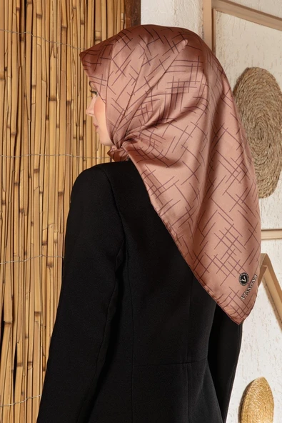 %100 Twill İpek Çizgi Desenli Soğan Kabuğu Renkli 90x90 Eşarp Dikim Şekli : El Dikişi - Resim 5