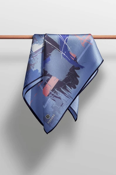 % 57 İPEK % 43 VİSKON Twill İpek Geometrik Desenli İndigo - Gül Kurusu Renkli 90x90 Eşarp Dikim Şekli : El Dikişi - Resim 5