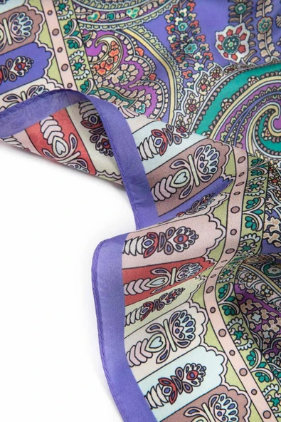 100% İPEK ETRO DESENLİ MOR RENKLİ ŞAL - Resim 4