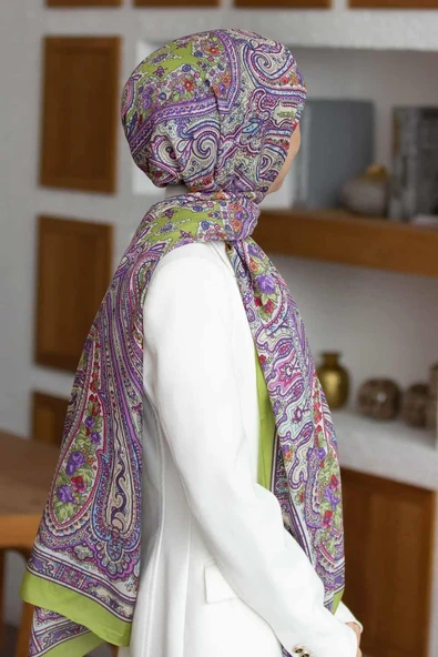 %100 İpek Etro Desenli Fıstık Yeşili Renkli 92x210 Şal ürün görseli