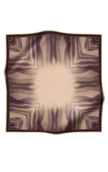 100% Twill İpek Monogram Desenli Bej Renkli 90x90 Dikim Şekli : El Dikişi Eşarp - Resim 2