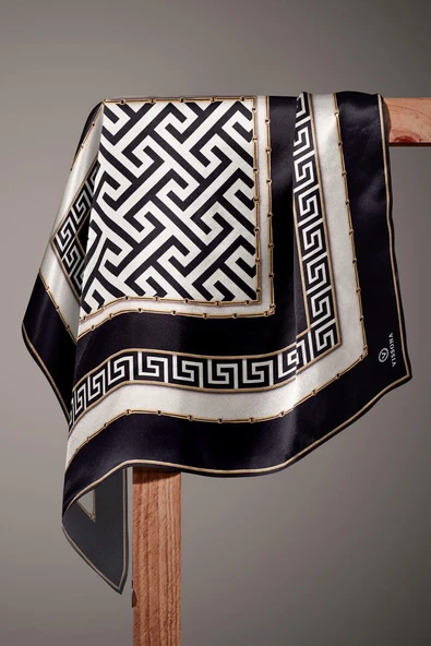 % 57 İPEK % 43 VİSKON Twill İpek Labirent Ve Geometrik Desenli Siyah - Krem Renkli 90x90 Eşarp Dikim Şekli : El Dikişi - Resim 4