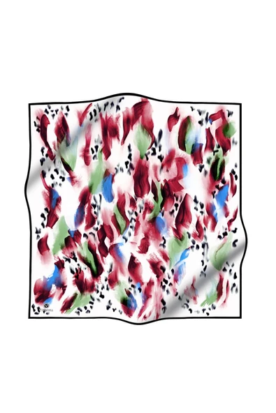 %100 Twill İpek Batik Desenli Bordo - Saks Renkli 90x90 Eşarp Dikim Şekli : El Dikişi - Resim 2