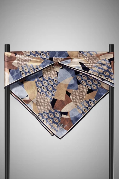 %100 Twill İpek Geometrik Desenli Gri - Sütlü Kahve Renkli 90x90 Eşarp Eşarp Kenar Dikiş Şekli El Dikişli - Resim 6