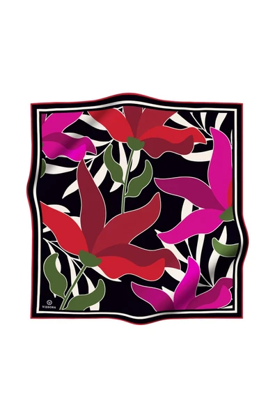 %100 Twill İpek Yaprak Desenli Kırmızı - Pembe Renkli 90x90 Eşarp Dikim Şekli : El Dikişi - Resim 2