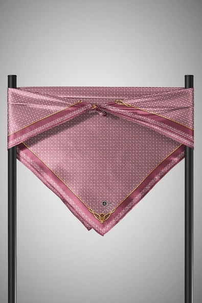 %100 Twill İpek Minik Motif Desenli Gül Kurusu - Krem Renkli 90x90 Eşarp Dikim Şekli : El Dikişi - Resim 3