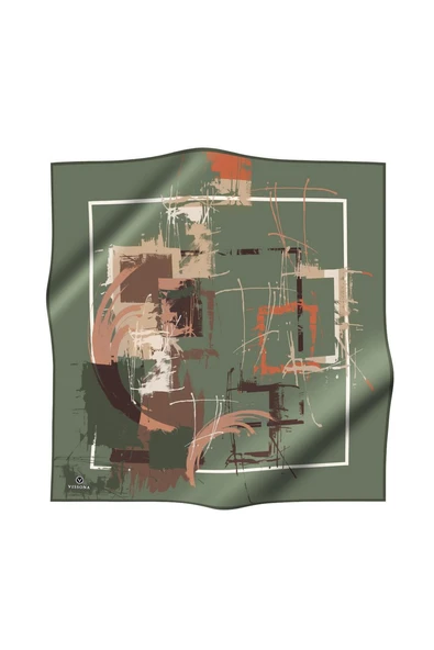 % 57 İPEK % 43 VİSKON Twill İpek Geometrik Desenli Çağla - Bakır Renkli 90x90 Eşarp Dikim Şekli : El Dikişi - Resim 2