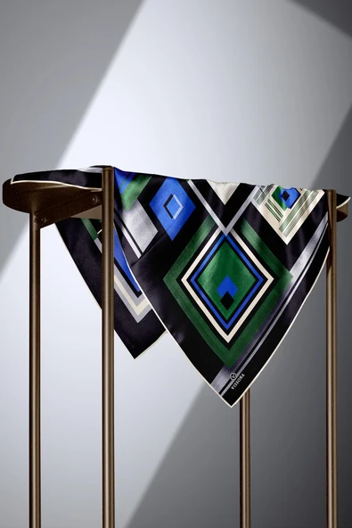 %100 Twill İpek Kare Desenli Zümrüt Yeşili - Saks Renkli 90x90 Eşarp Kenar Dikiş Şekli El Dikişli - Resim 3