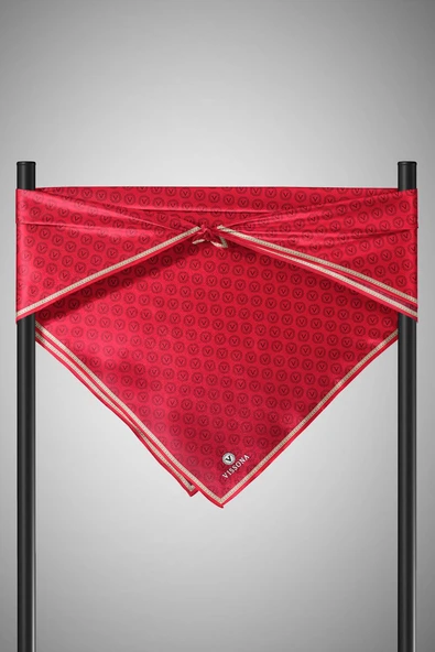 % 57 İPEK % 43 VİSKON Twill İpek Monogram Desenli Kırmızı Renkli 90x90 Eşarp Dikim Şekli : El Dikişi - Resim 5