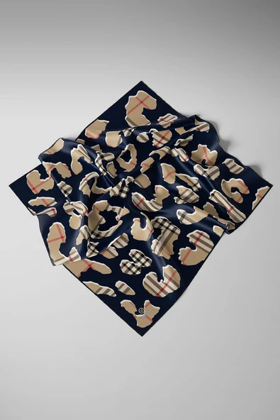 %100 Twill İpek Leopar Desenli Lacivert - Bej Renkli 90x90 Eşarp Dikim Şekli : El Dikişi - Resim 6