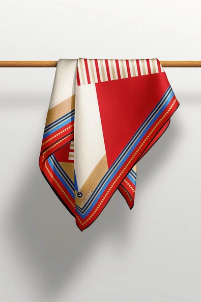 %100 Twill İpek Geometrik Desenli Kırmızı - Saks Renkli 90x90 Eşarp Dikim Şekli : El Dikişi - Resim 4